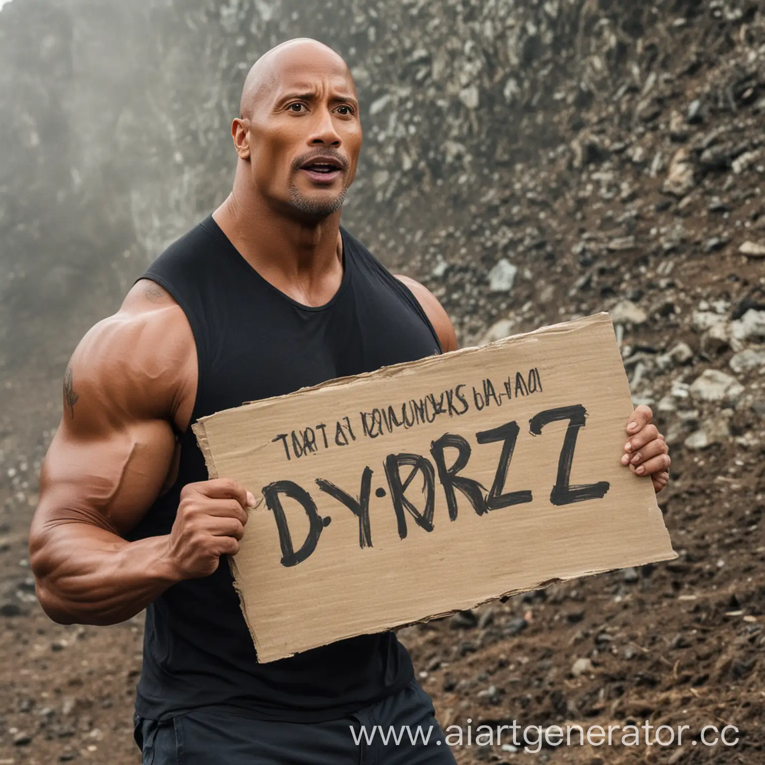 Скала Дуэйн Джонсон  держит табличку с надписью "Dyrqiz"

