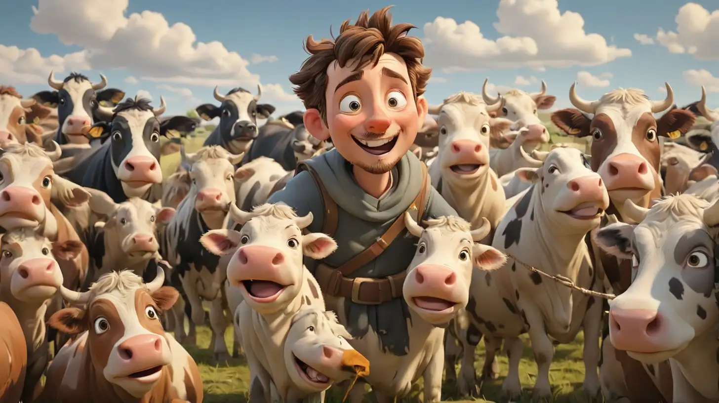 Charming Shepherd Leading Cartoon Cows Through Countryside