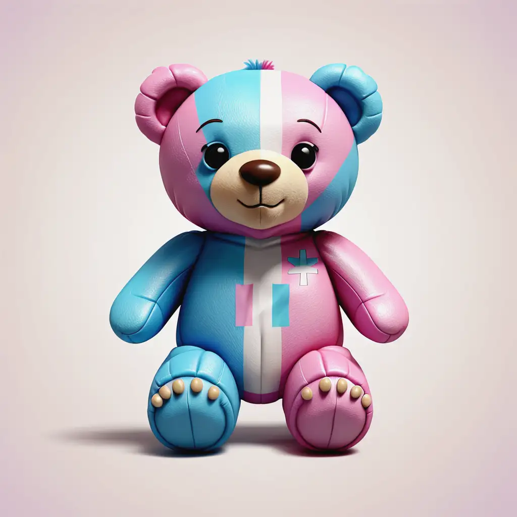 cartoon teddy bear in transgender flag colours; plain background