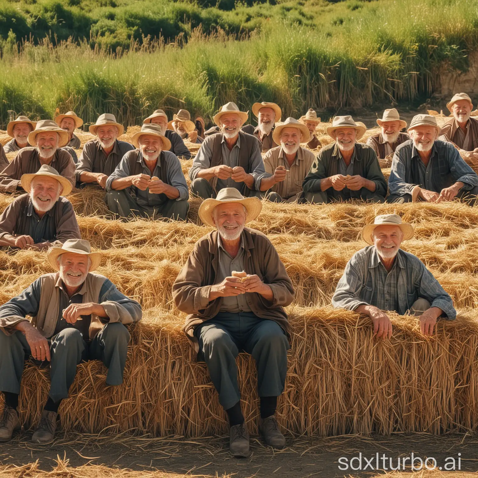 sunny farm ravine scene: old men form an amphitheatre sitting on bales of hay. 5 rows of frail old farmer men! 33 smiling old farmers cheering 