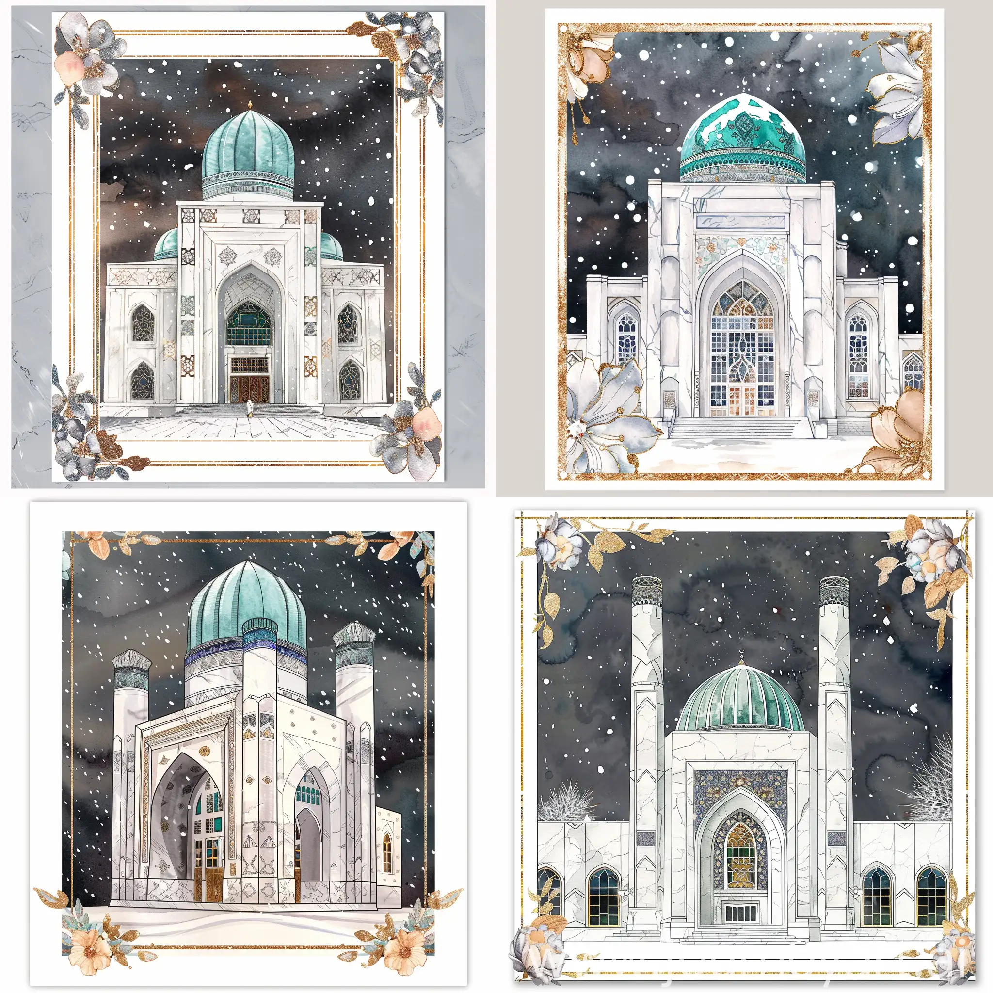 watercolor art on white border greeting card, depicting a perfect sketch of tall iwan Uzbekistan mosque having modern white marbled facade, front view, persian tile floral motifs decorations on mosque, arched stained glass windows, Turquoise dome, dark grey background sky, snowfall, surrounded by golden border flowers having glittering golden outlines and lavender peach color --sref https://cdn.discordapp.com/attachments/1213041174428782623/1244736914289065995/IMG_20240527_224219.jpg?ex=665d7356&is=665c21d6&hm=1a473b4cd504b9e710e3899d4d4a2ad64b42e71516d476fb813bce7c85313d35& --sw 999 --s 999 --style raw --ar 2:3 