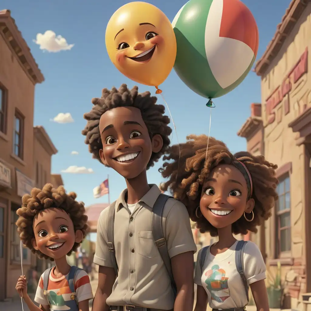 detailed 3D cartoon-style african americans smiling with balloon and flag in new mexico 