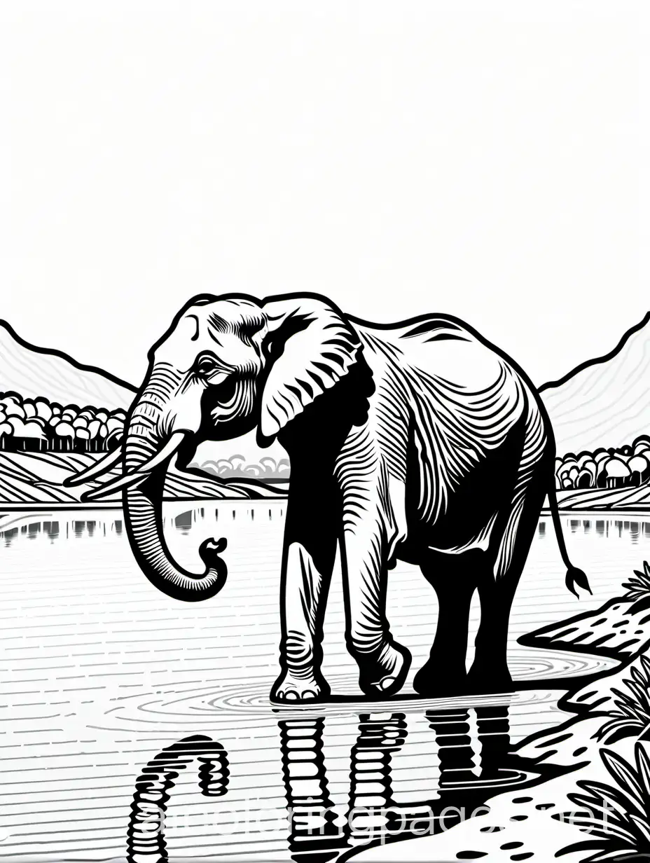 Elephant-by-the-River-Serene-Wildlife-Coloring-Page