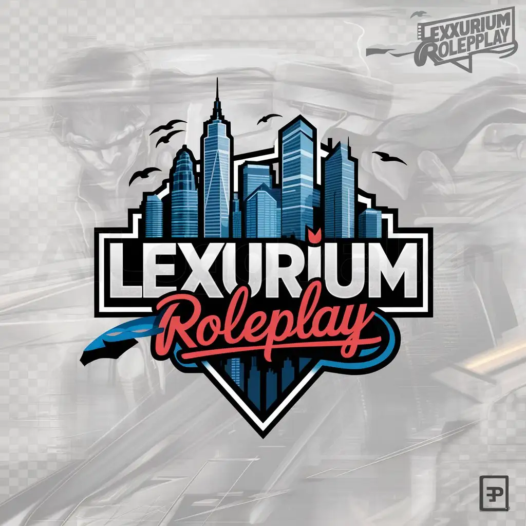 a logo design,with the text "Lexurium", main symbol:a logo design,with the text 'Lexurium Roleplay', main symbol:The theme is New York City, It must write  Roleplay on the logo and it must be animated as it's for a Fivem GTA RP Server. New York City including skyscrapers, birds ,Moderate, clear background, Moderate, be used in Others industry and girl ,clear background,complex,be used in Others industry,clear background