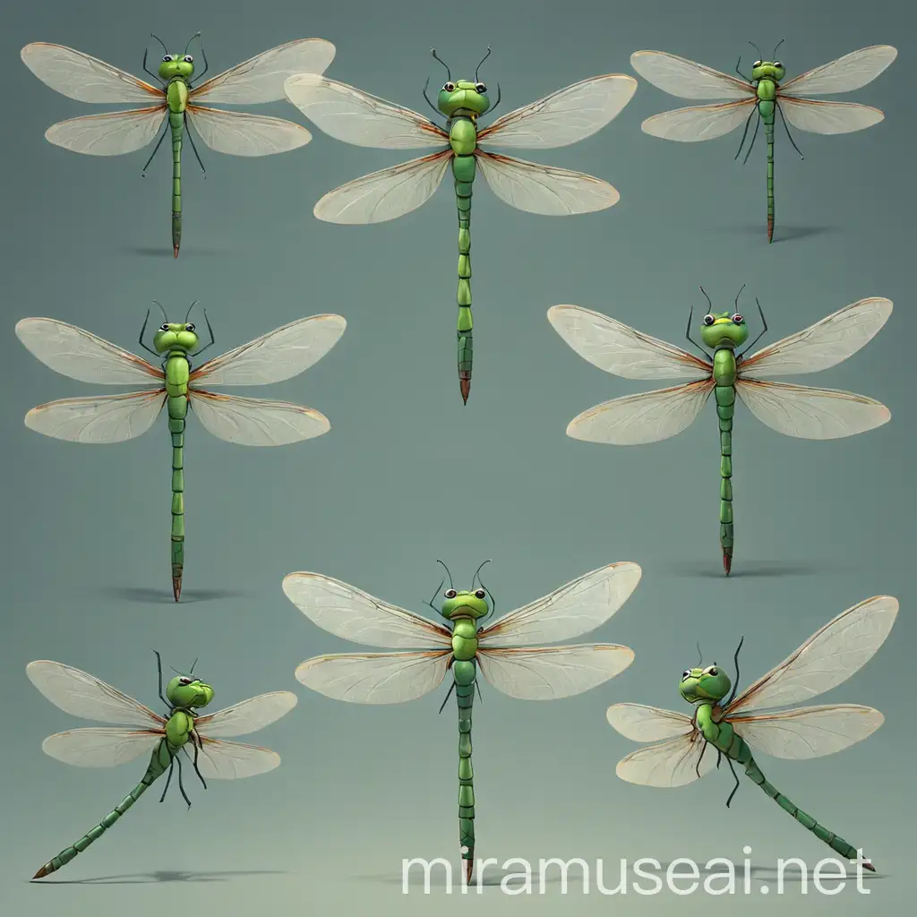 2D cartoon, dragonfly, multiple posses