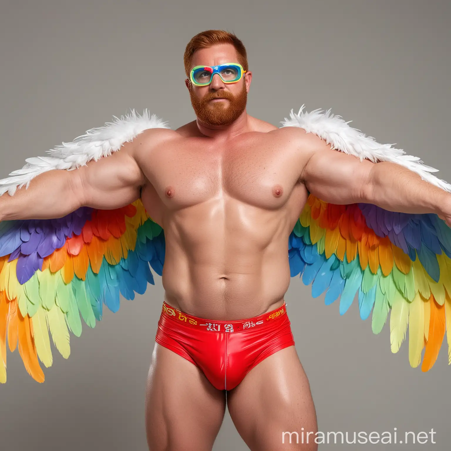 Studio Light Topless 40s Ultra Beefy Red Head Bodybuilder Daddy Beautiful Green Eyes with Beard Wearing Multi-Highlighter Bright Rainbow Coloured See Through huge Eagle Wings Shoulder Jacket short shorts Flexing his Big Strong Arm Up with Doraemon Goggles on forehead
