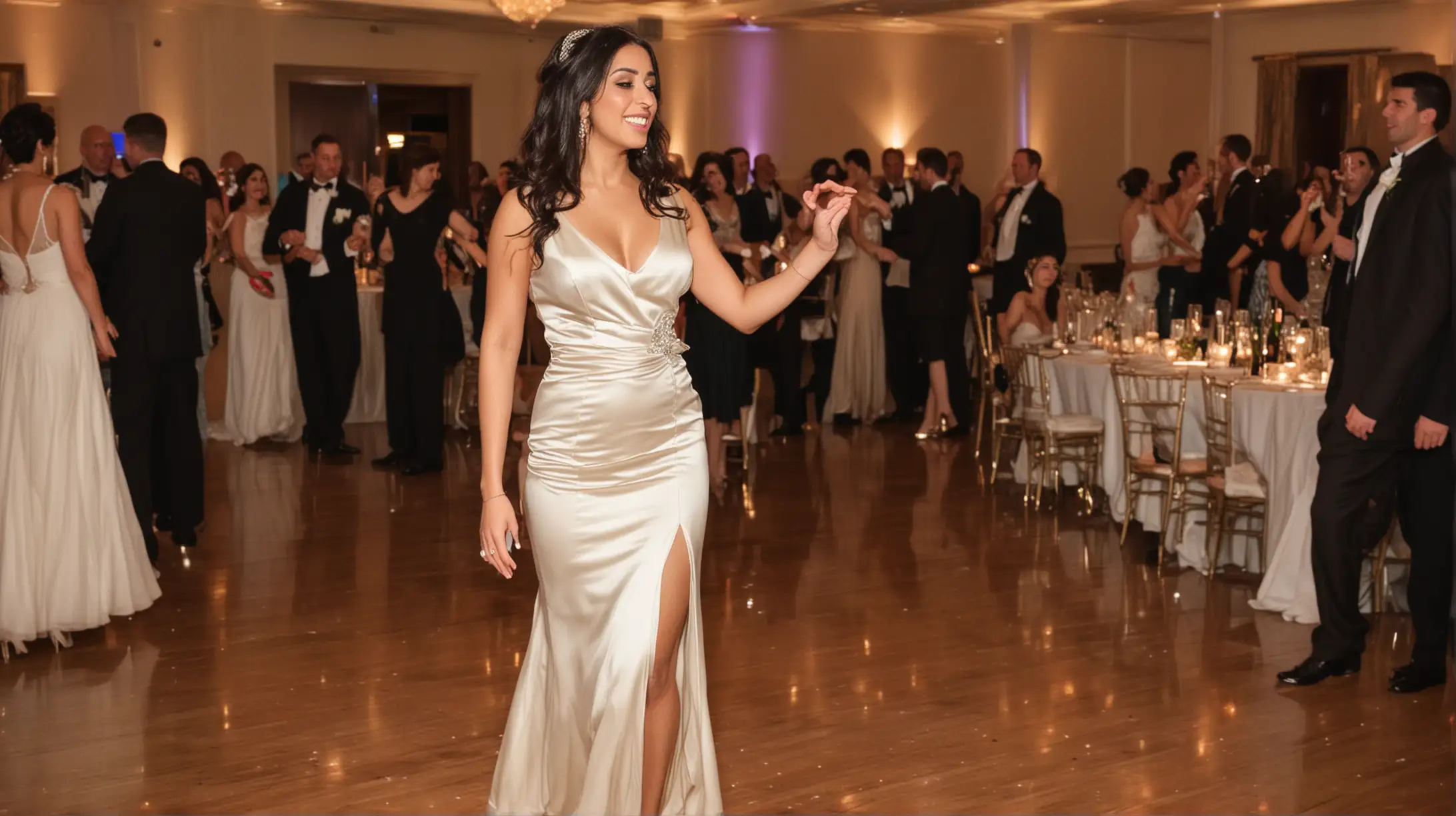 My beautiful 30 year old arab american bride wearing an ivory silk sheath dress, on the dancefloor at the reception