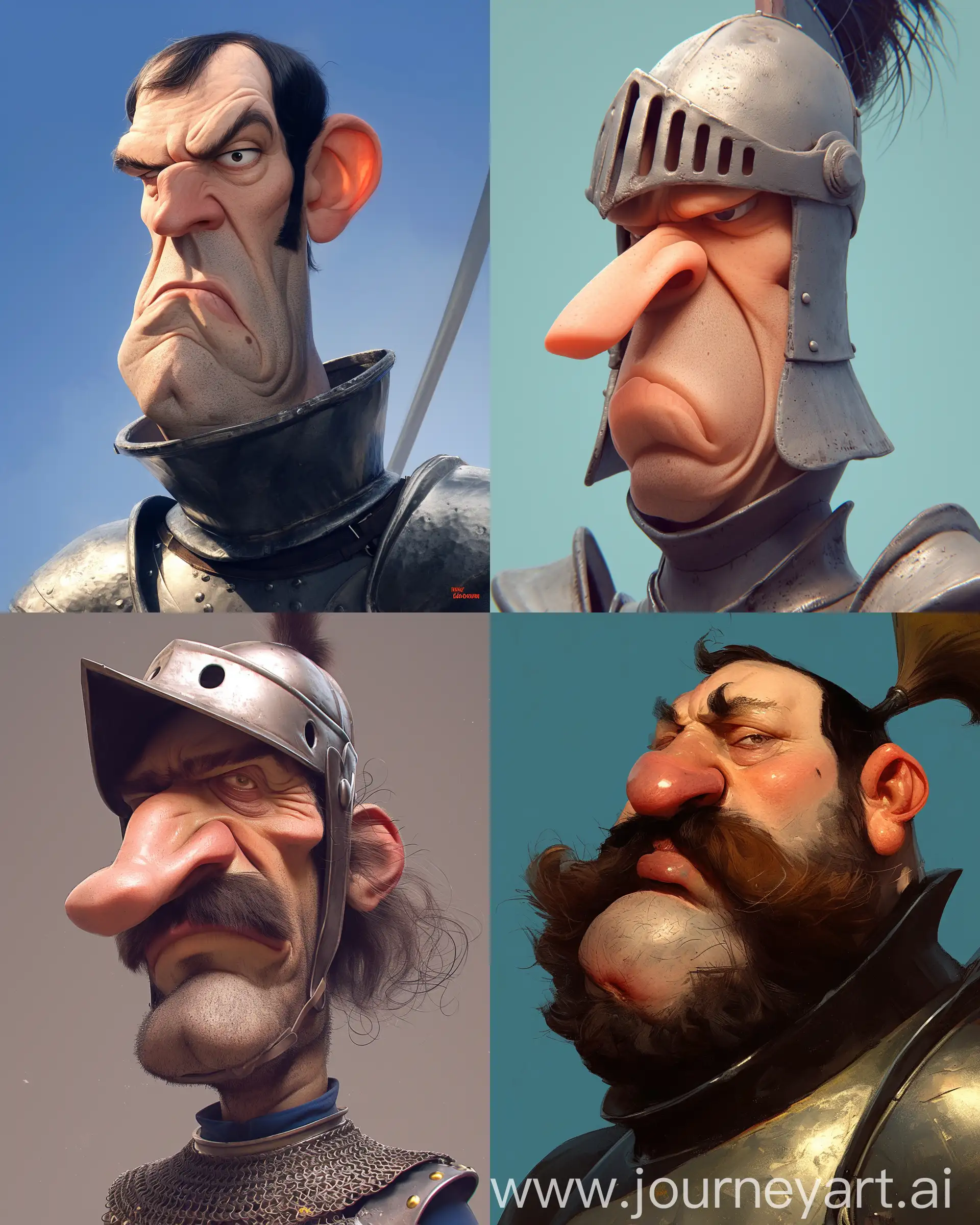 close-up caricature of a monty python Knight character with exaggerated features, realistic textures, humor-infused, playful --ar 4:5 --niji 6