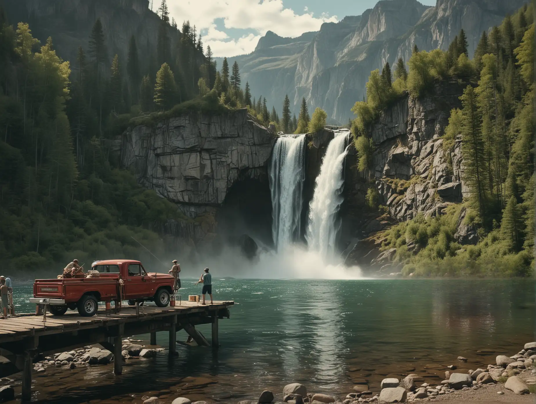 3 people fishing 0ff dock in water, waterfall ,mountain background, road in front ,66 ford pickup truck parked on road 4k