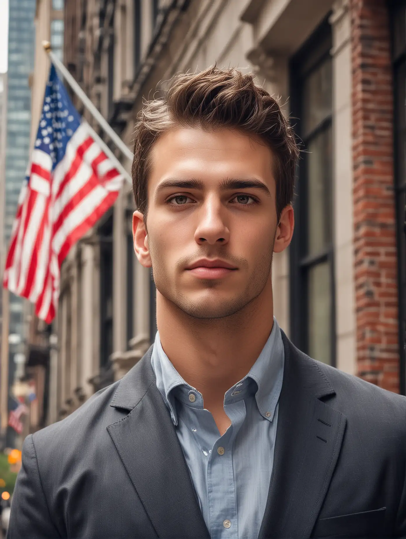 a handsome guy , American, New York buildings in the background，with exquisite facial features, the American flag as the background, professional photography technology, full body photo