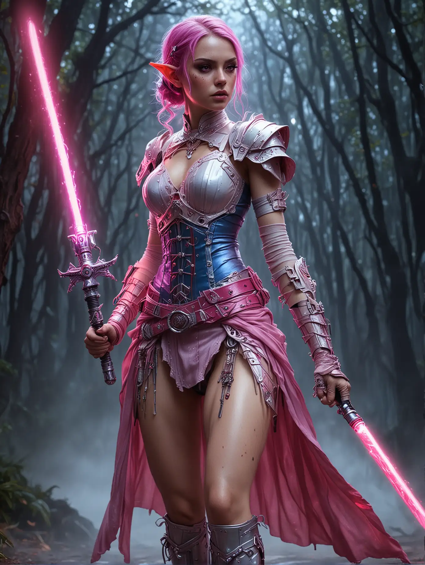 A sexy cyberpunk blue pale warrior woman elf wearing pink silken battle lace stands in a fierce battle pose, she weilds a hot pink lightsaber with a silverhilt, her skin highlighted in a purple moonlight,  her dark red hair and pale freckled skin show her Spanish heritage. Translucent,  silken, warrior of the dark forest 