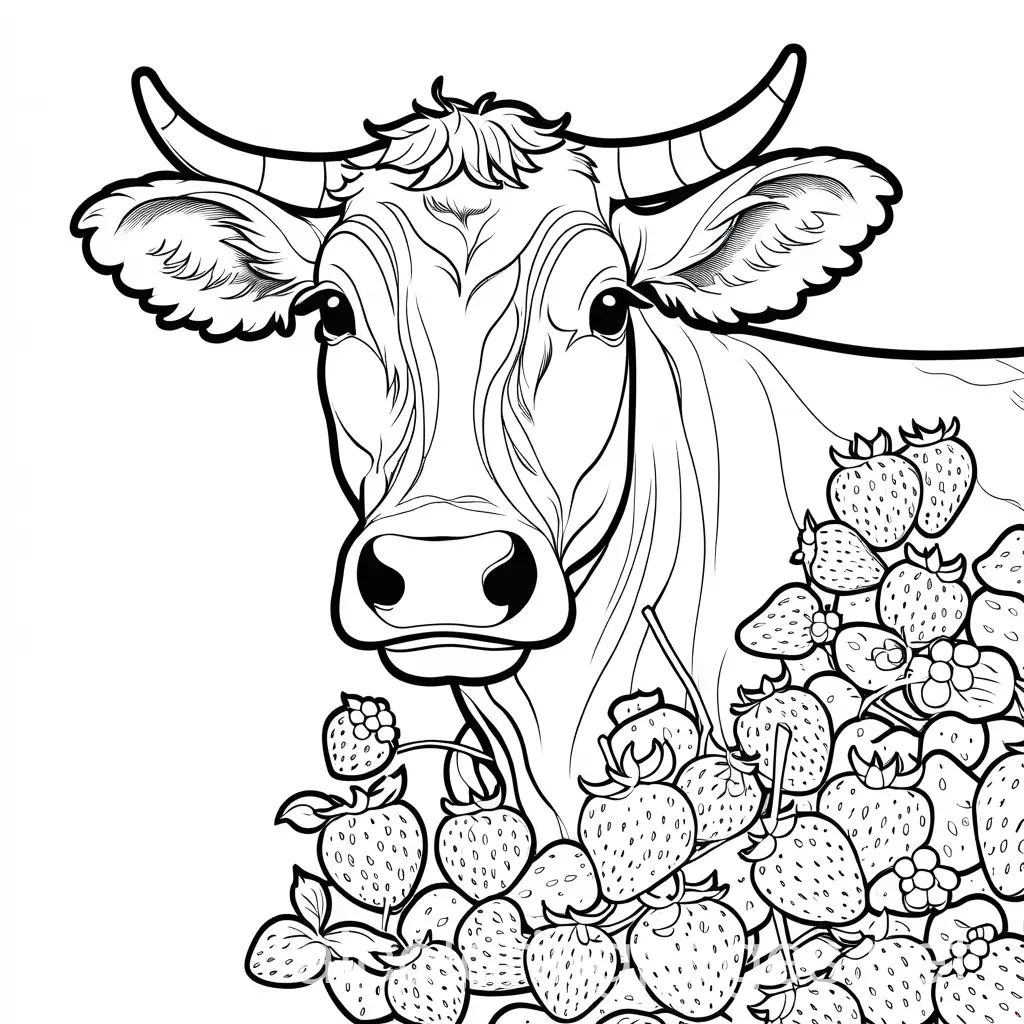 cow with strawberries all over it, Coloring Page, black and white, line art, white background, Simplicity, Ample White Space. The background of the coloring page is plain white to make it easy for young children to color within the lines. The outlines of all the subjects are easy to distinguish, making it simple for kids to color without too much difficulty