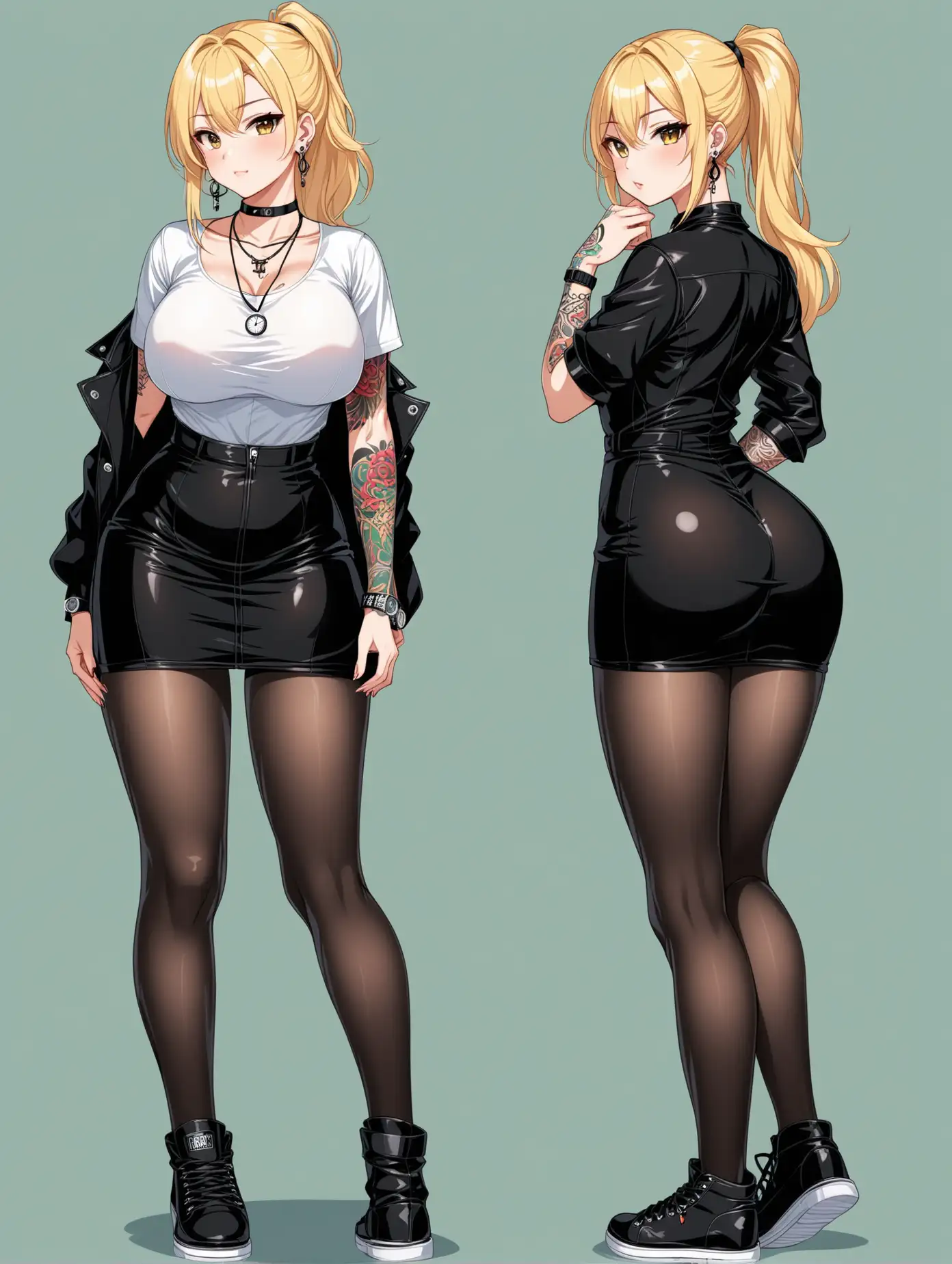 sensual picture of a hot anime girl, 2 poses, age 20, blonde hair, ponytail, busty, big ass, small sized feet, wearing shirt dress, black pantyhose, black leather boot sneakers size small, earrings, choker, necklaces, wristbands, watch, tattoo