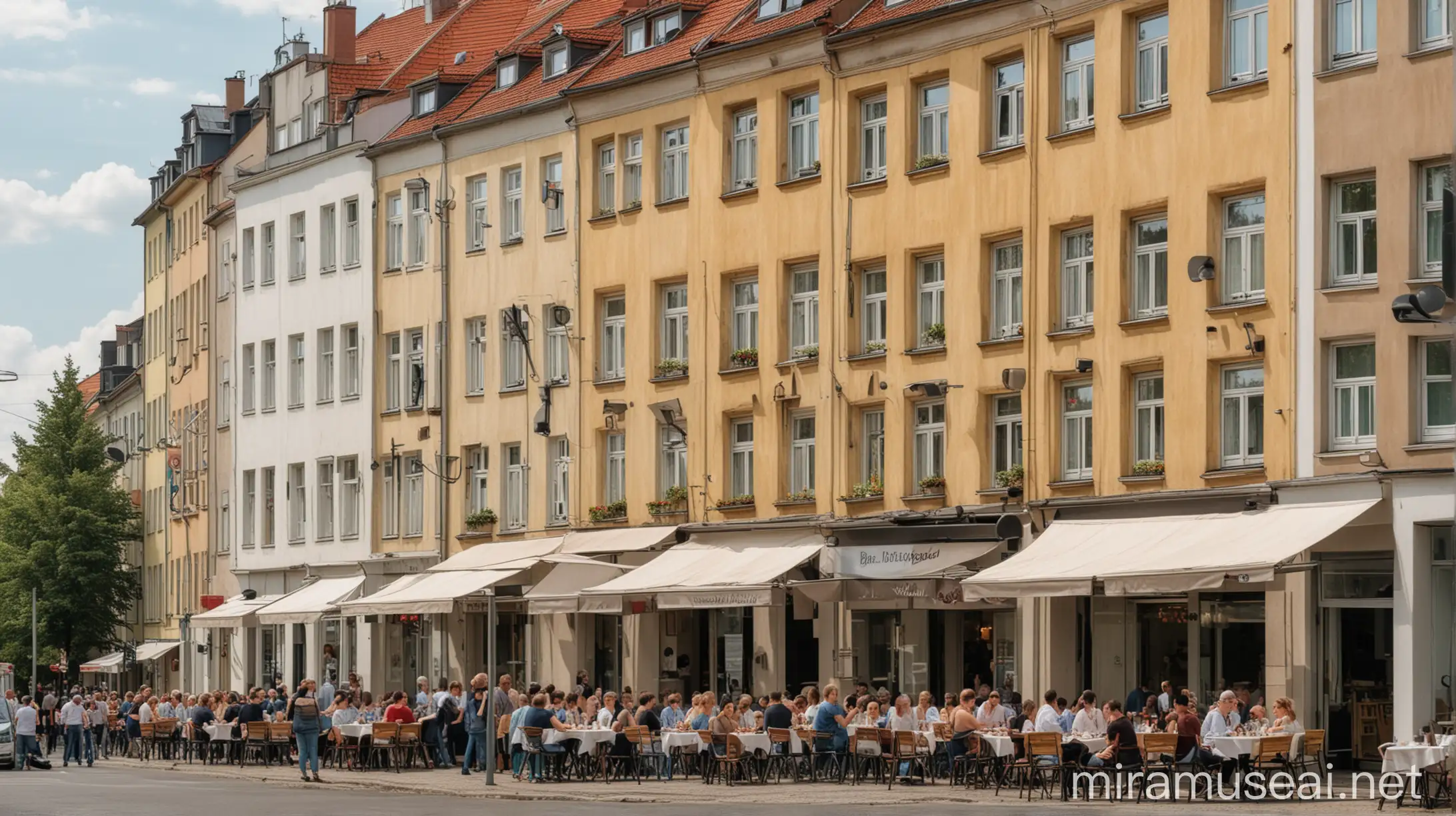 Berlin Germany Street Scene Rows of Houses with GroundFloor Restaurants and Pedestrian Traffic