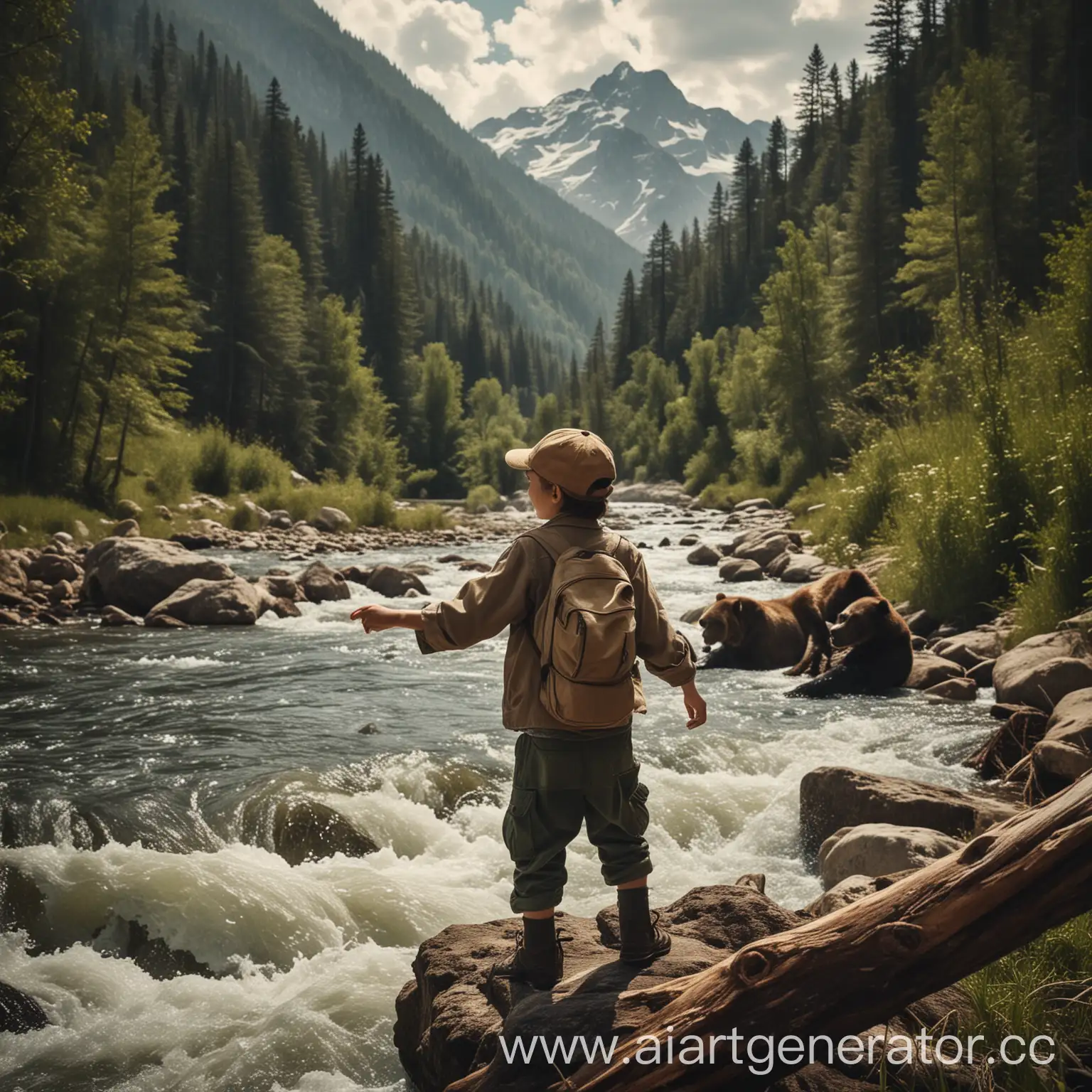 Young-Boy-Fishing-in-Mountain-River-with-Forest-Background