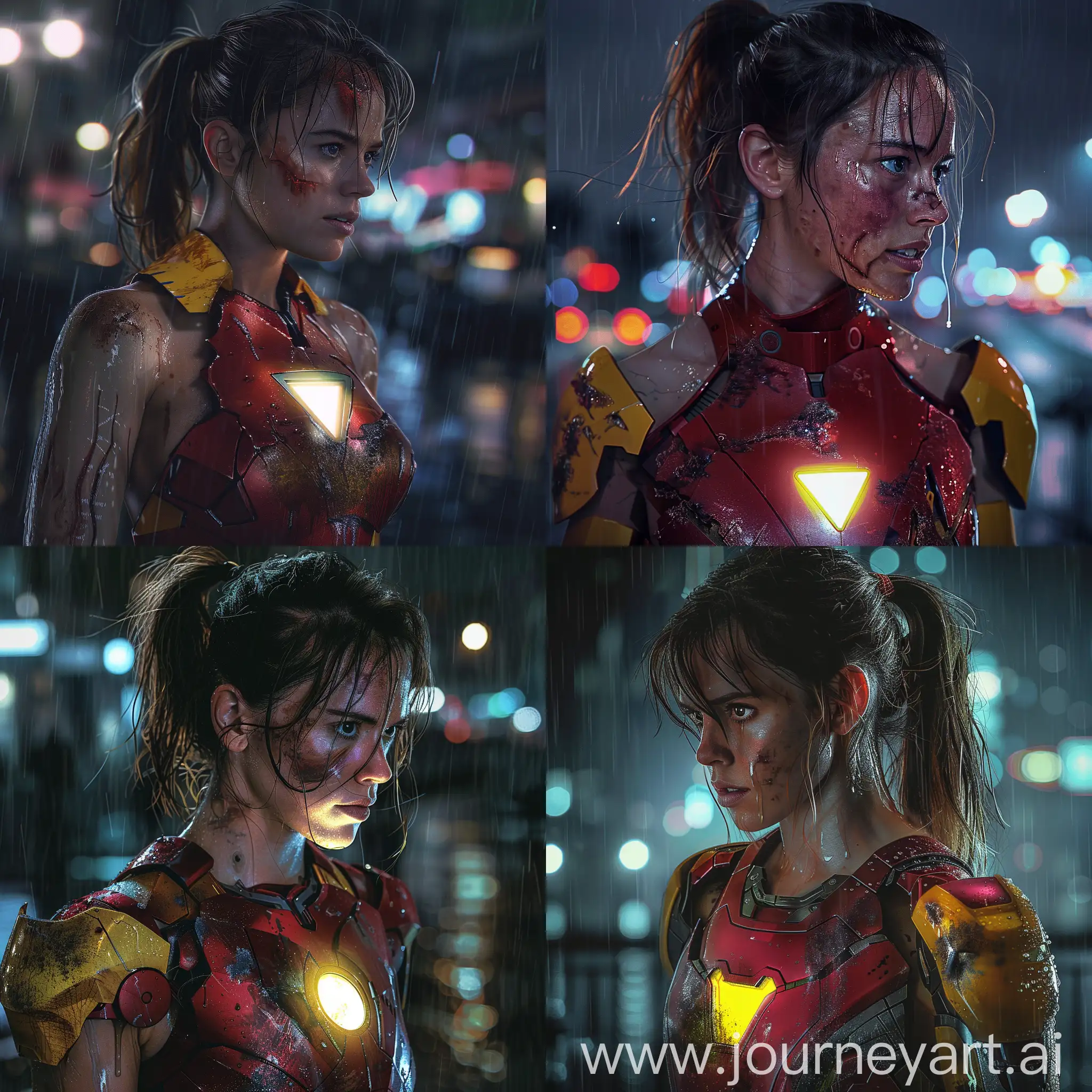 hyper realistic image of Daisy Ridley, ponytail hair, body with the IDENTICAL red and yellow Iron Man armor with the chest light on, well damaged, at night, in the rainy city, her face is dirty and sweaty, with a prominent chin and well-defined jawline, ironic smile, looking sideways, wet hair, 8k resolution, cinematic image 