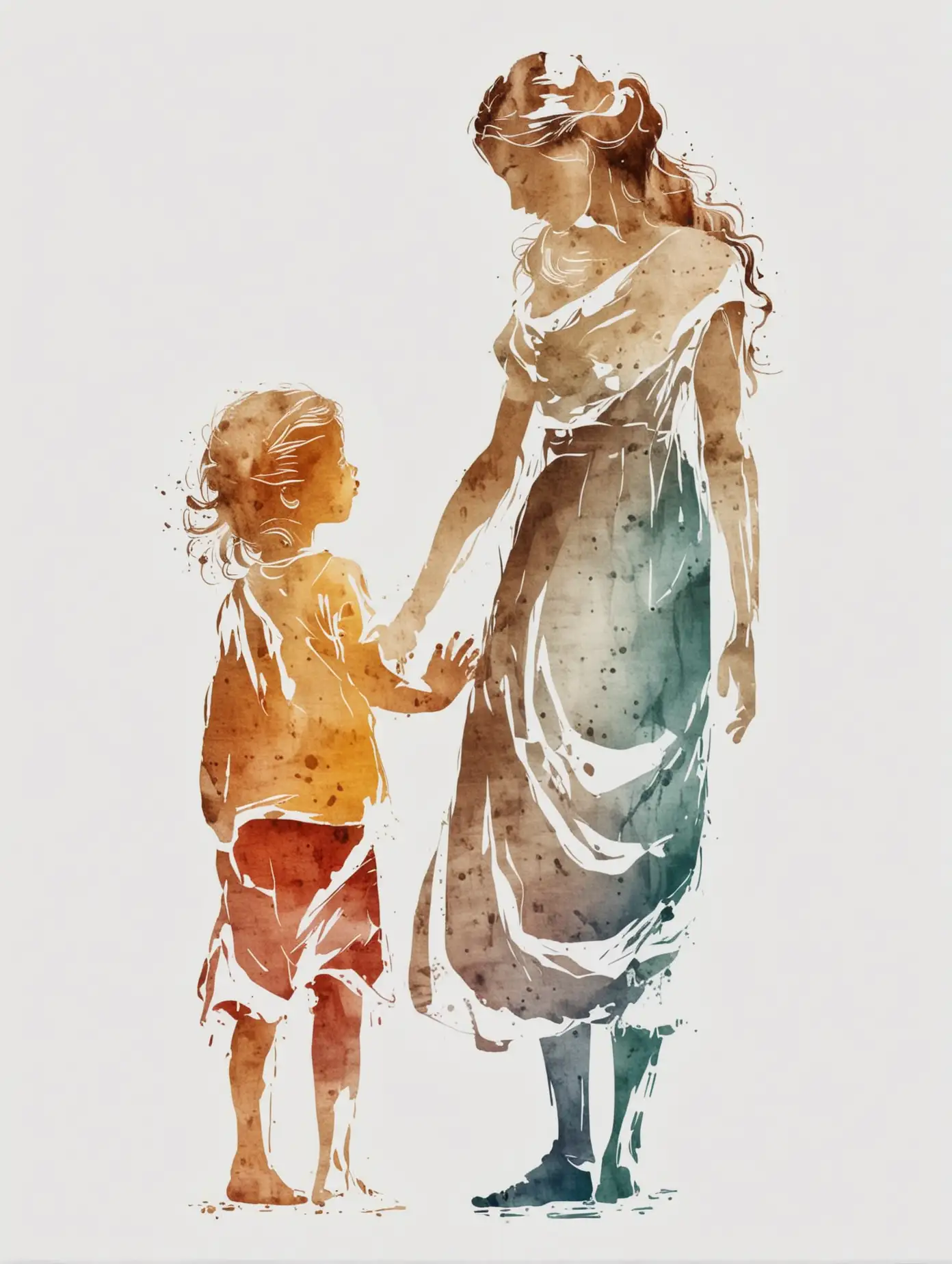Silhouette of a Mother and Child in Artistic Colors on a White Background