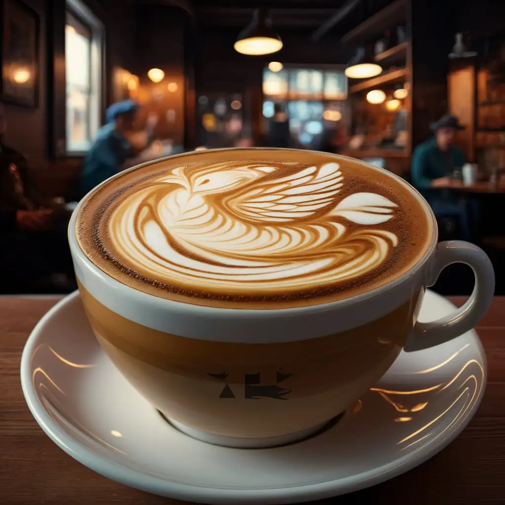 A detailed illustration of a coffee cup with intricate latte art.