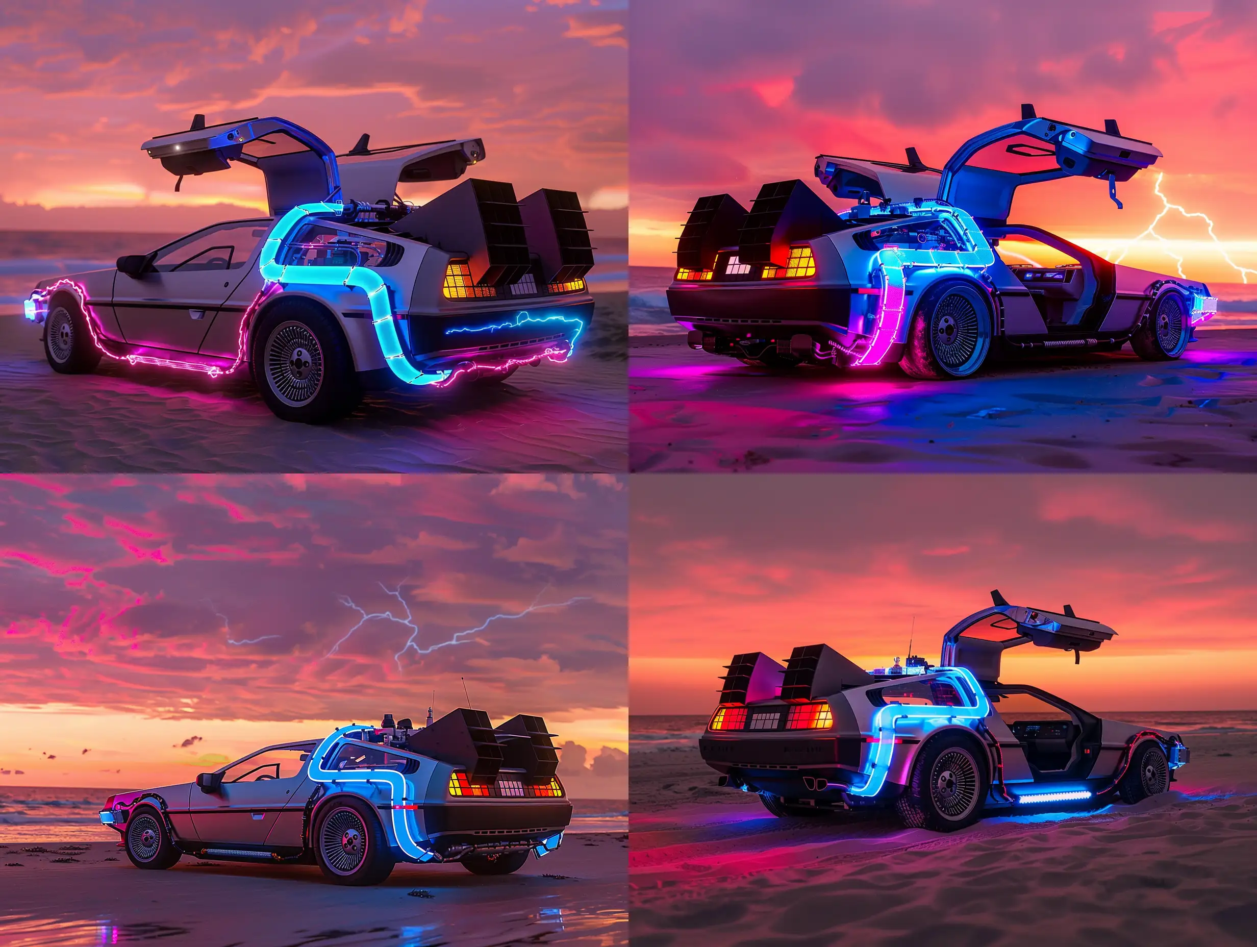 Back to the future delorean lit up on Beach at sunset. Golden-hour, scifi, blue lightning in sky, pink sky, smoky, artistic, bright, high contrast, dramatic, stunning, artstation, masterpiece