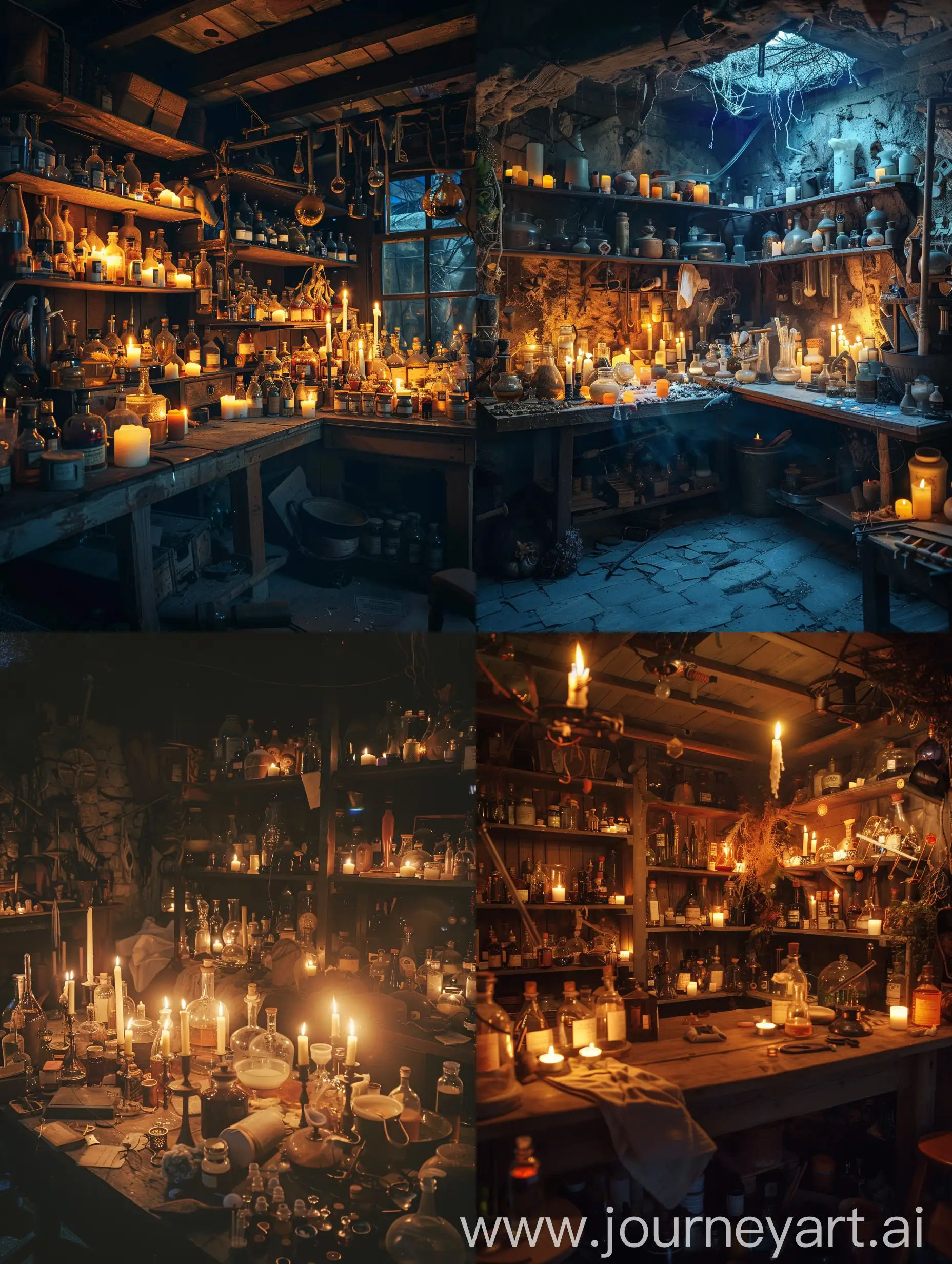 Cluttered alchemy laboratory at night illuminated by candles