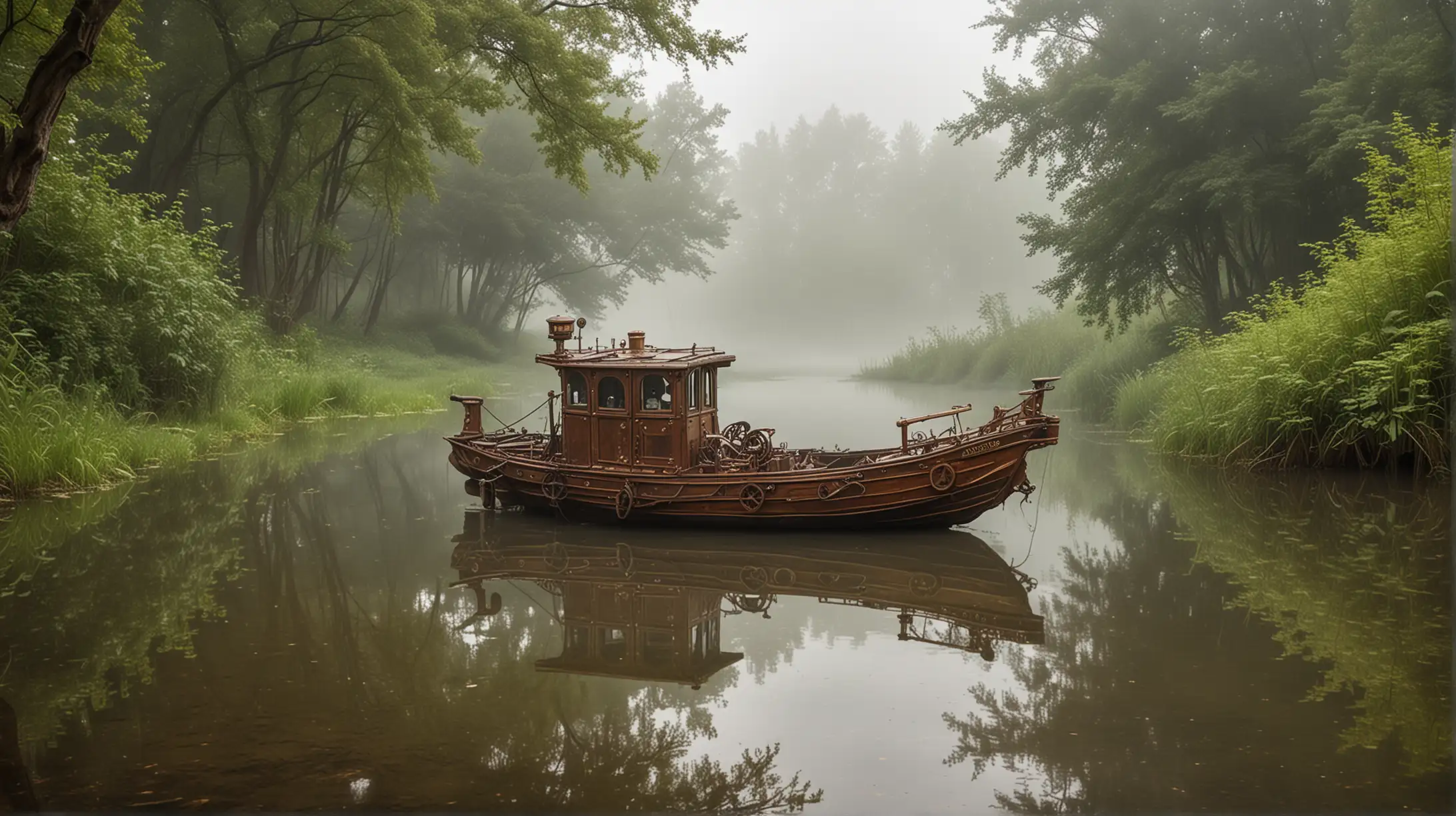 a small steampunk boat wharfed to the shore of a wild pond in a park, cloudy, much steam and fog