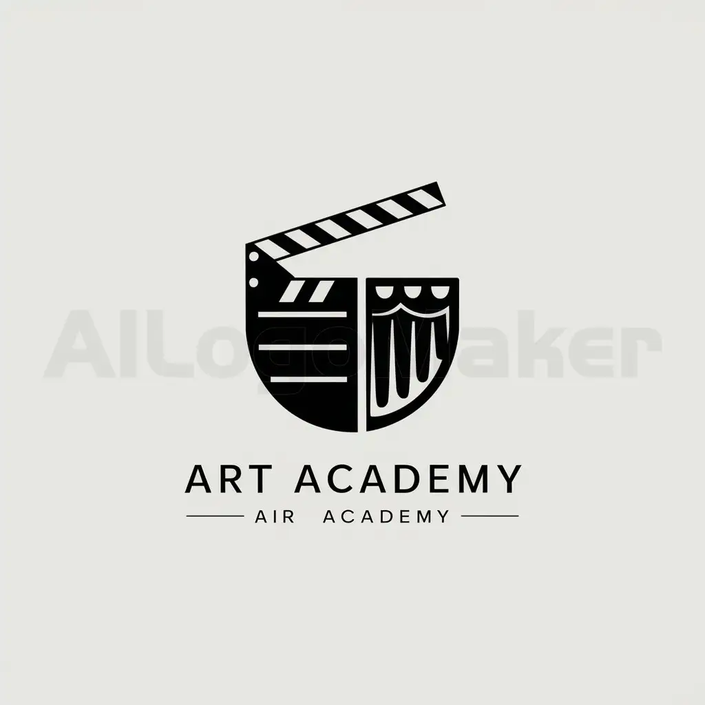 a logo design,with the text "Art Academy", main symbol:Use the half of the element of clapperboard a bit like a camera and the half of a curtain as an element of theater for my art academy.,Minimalistic,clear background