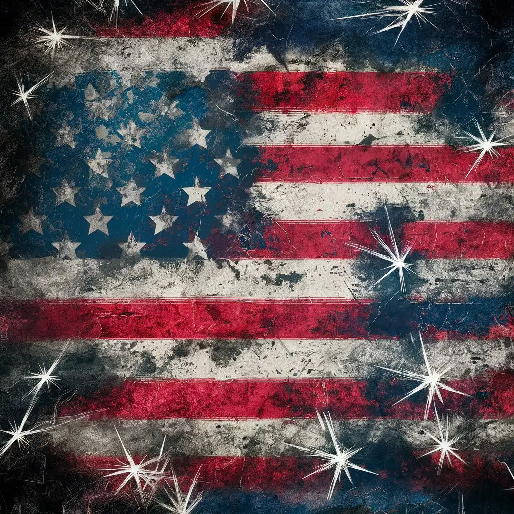 create a grungy red, white and blue background with white exploding stars 