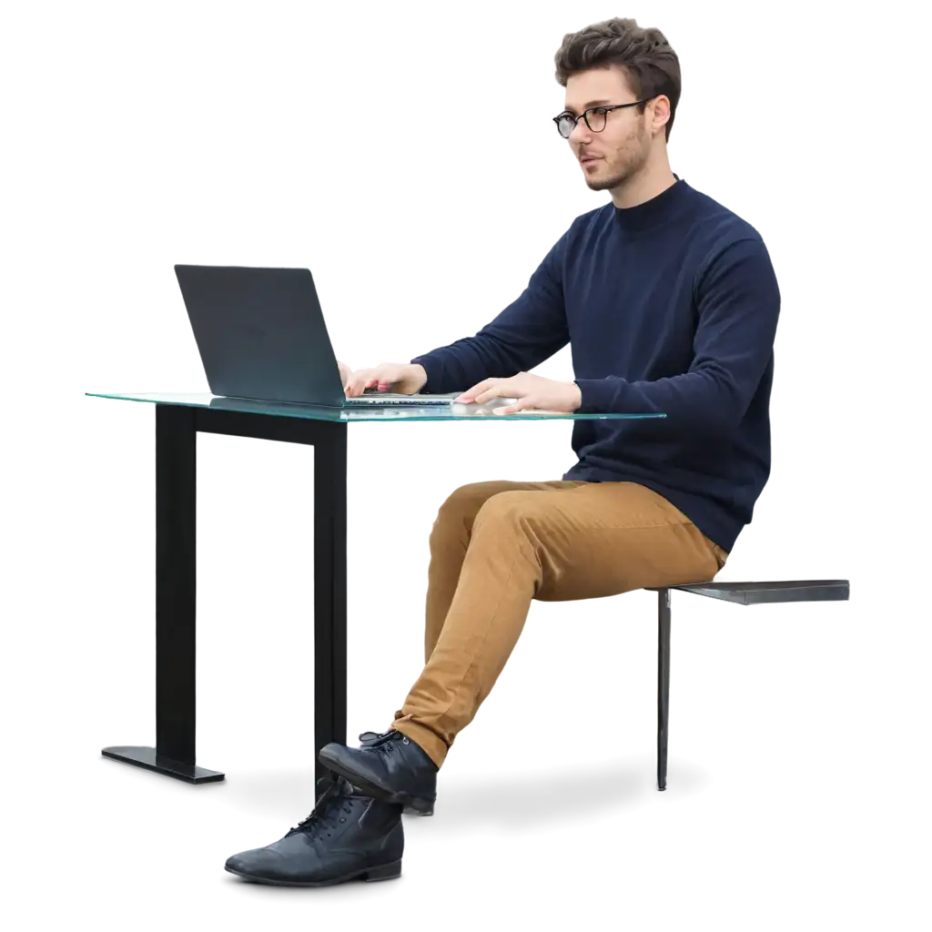 A young man sits at a modern glass desk, 