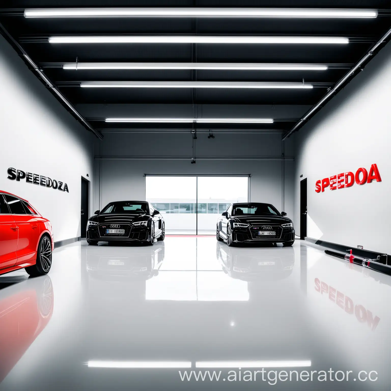 Audi in the background, main letters SpeeDoza in English letters on a white wall, black car, black discs, syringe on the floor, white floor, red walls, black glass, garage, tinted windows, clear text, high-quality text