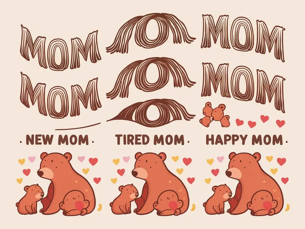The word MOM in wavy lines 3 times one below the next with the words New Mom, Tired Mom, Happy Mom