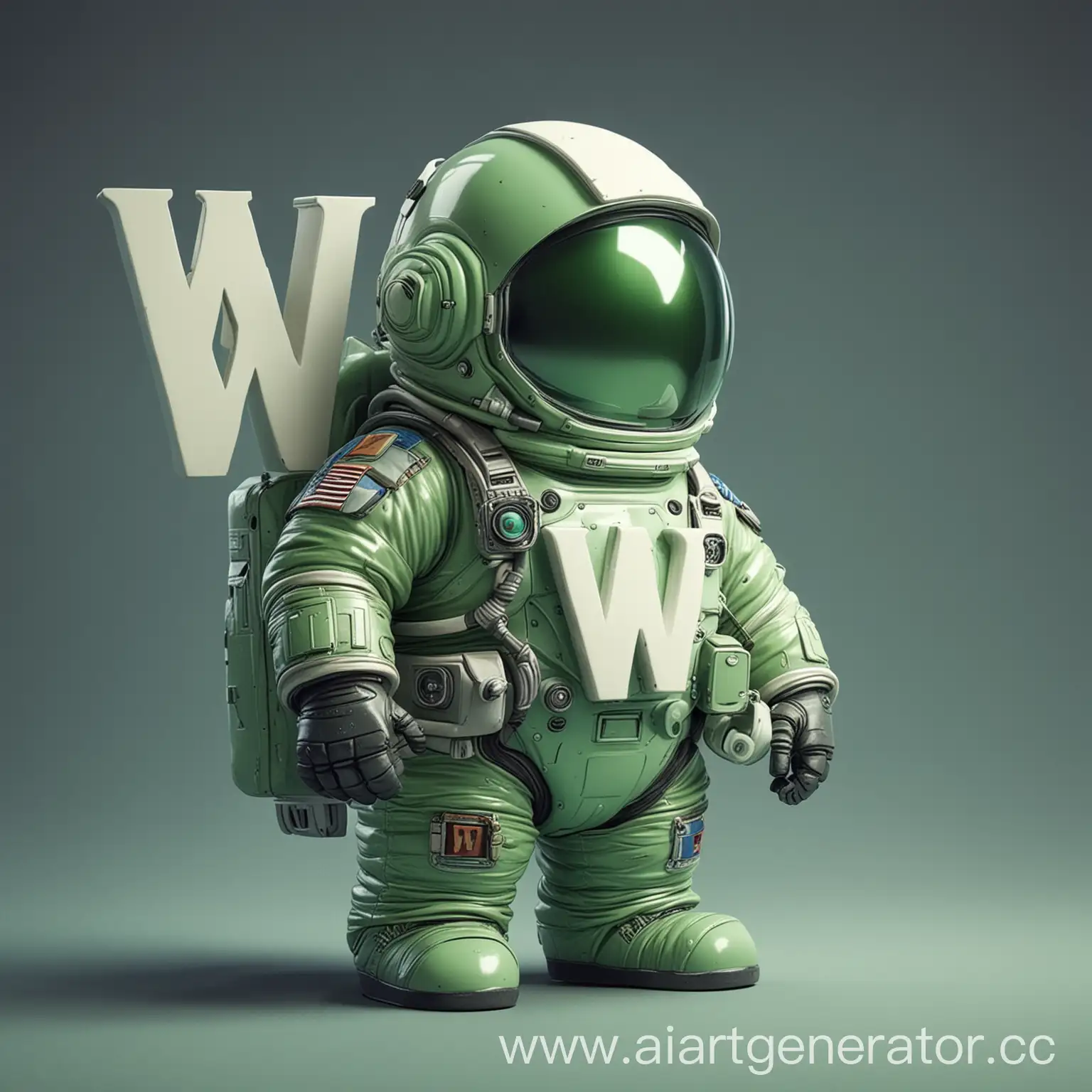 зеленый пухлый космонавт с буквой W на шлеме