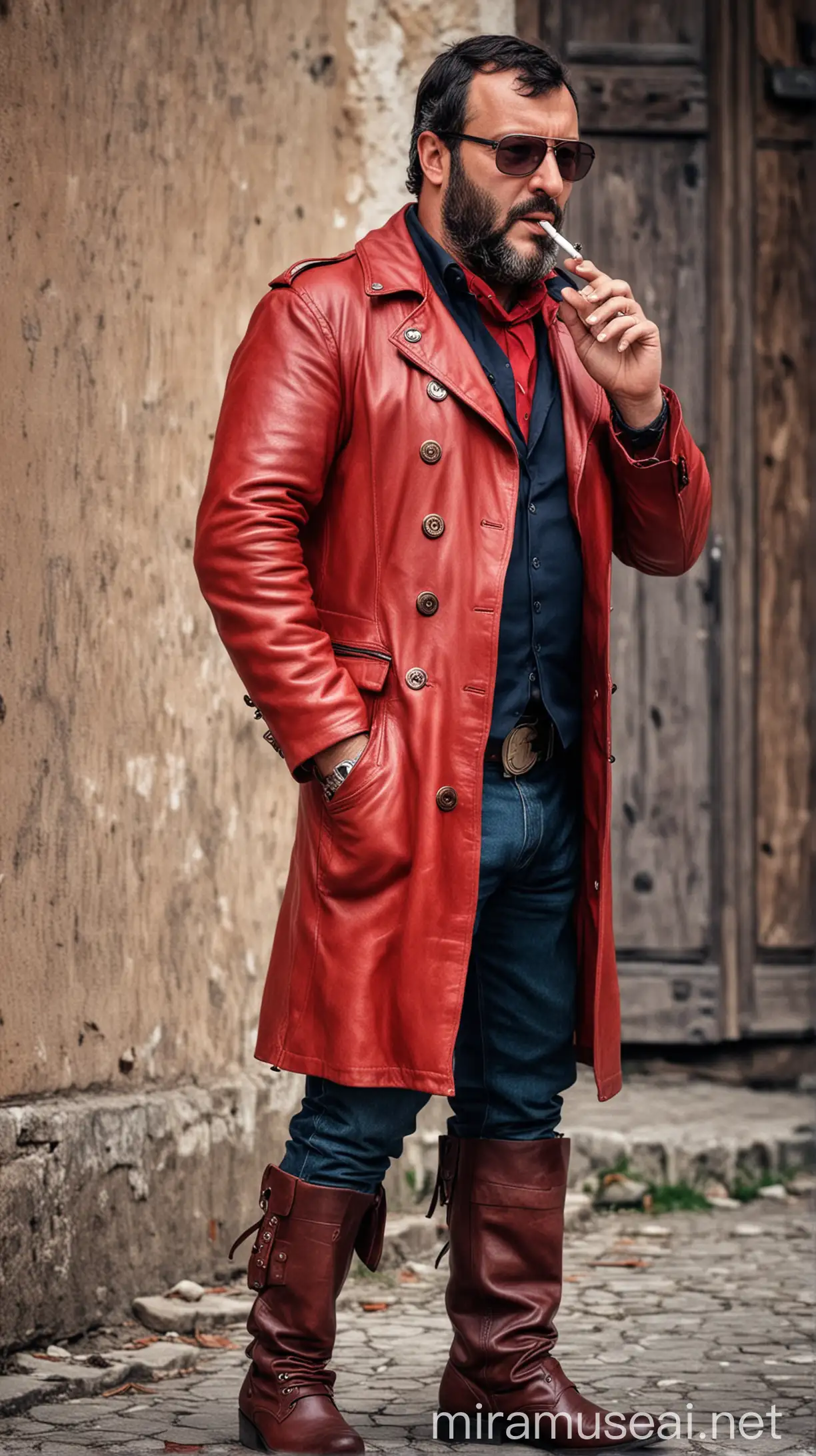 A powerful and ruggedly handsome Matteo Salvini smoking a big cigar muscled and bearded  biker red leathers dressed  wearing glasses and black boots