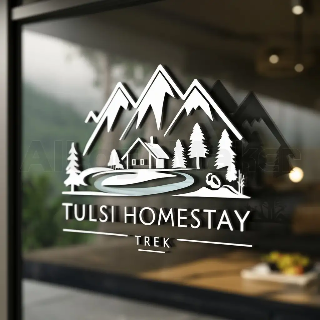 a logo design,with the text "Tulsi homestay", main symbol:Panchachuli snow mountains, house, trees,river and trek,Moderate,be used in Travel industry,clear background