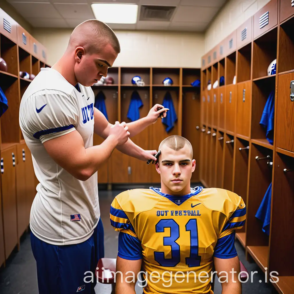 A football players getting a buzz cut in the locker room 