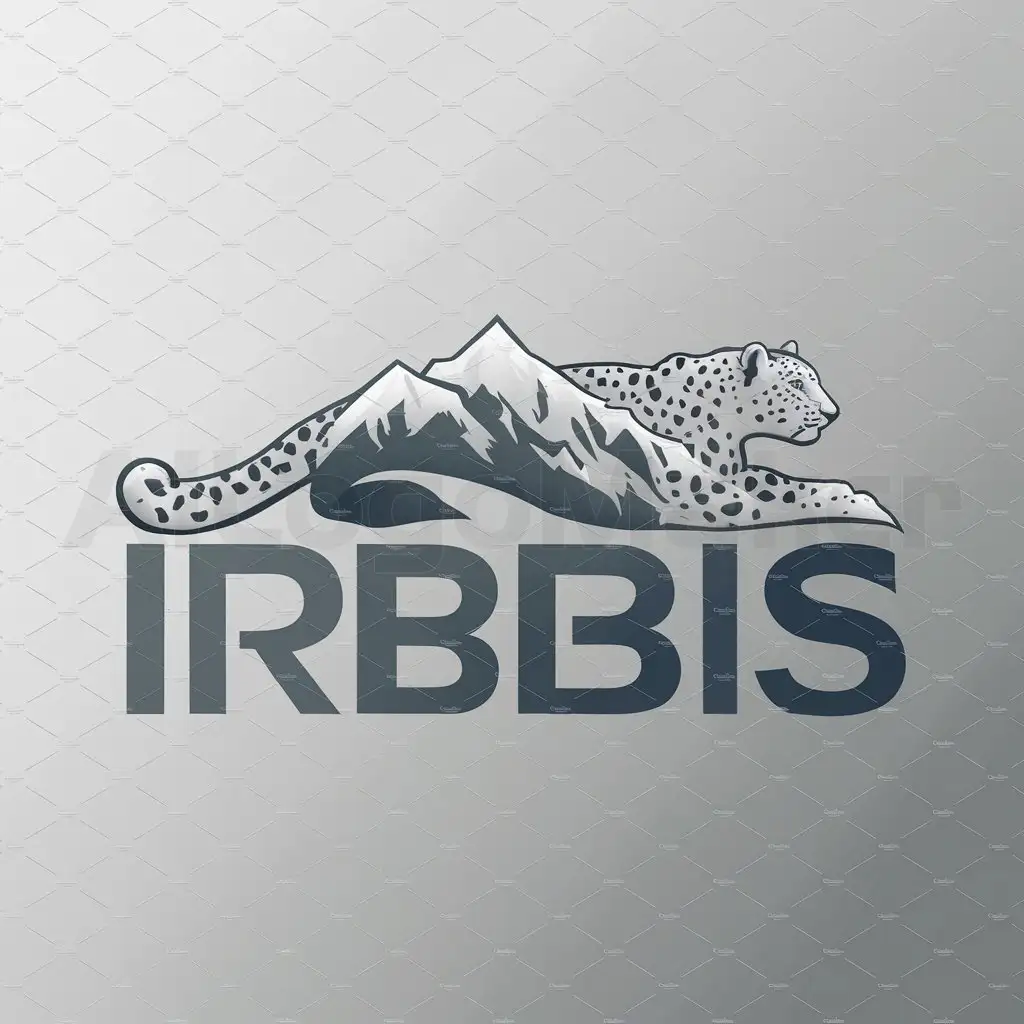 a logo design,with the text "IRBIS", main symbol:The outline of a snow leopard and the outline of mountains in blue color. The word IRBIS in the color of a snow leopard,Moderate,clear background