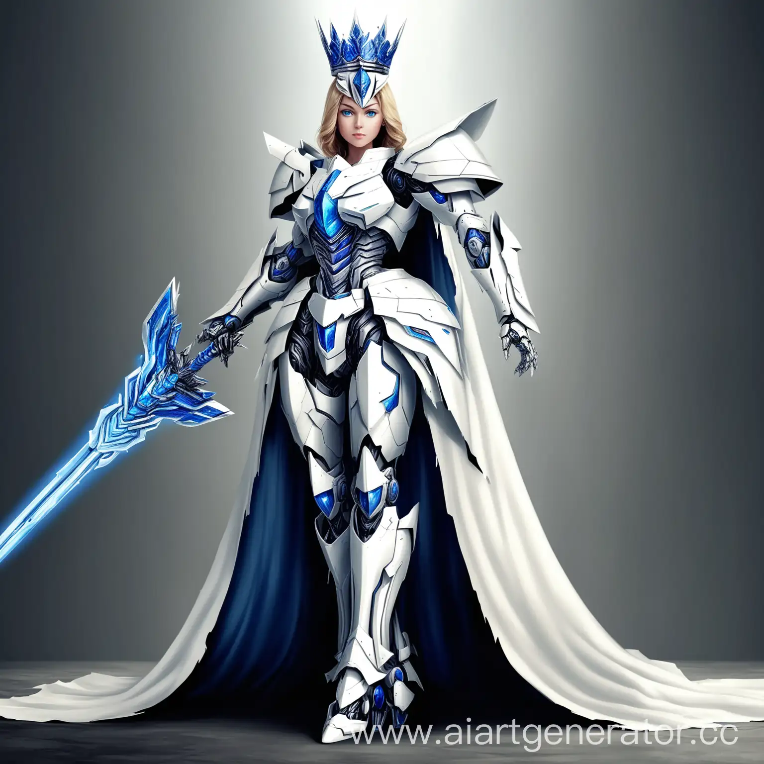 сгенерируй изображение девушки трансформера в белый доспехах, с голубыми глазами, на голове заострённая корона, в руках меч, сзади развивается плащ, стоит в позе рыцаря