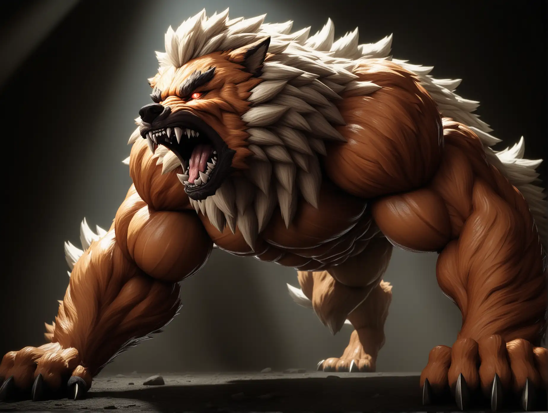 giant arcanine fox dog. highlighted fur. very muscular. very muscular arms. very muscular torso. cinematic lighting and cinematic shading. very long tongue. long saber tooth fangs. scary snarling. Ultra high definition. cinematic lighting and cinematic shading. very intricately and microscopically detailed.