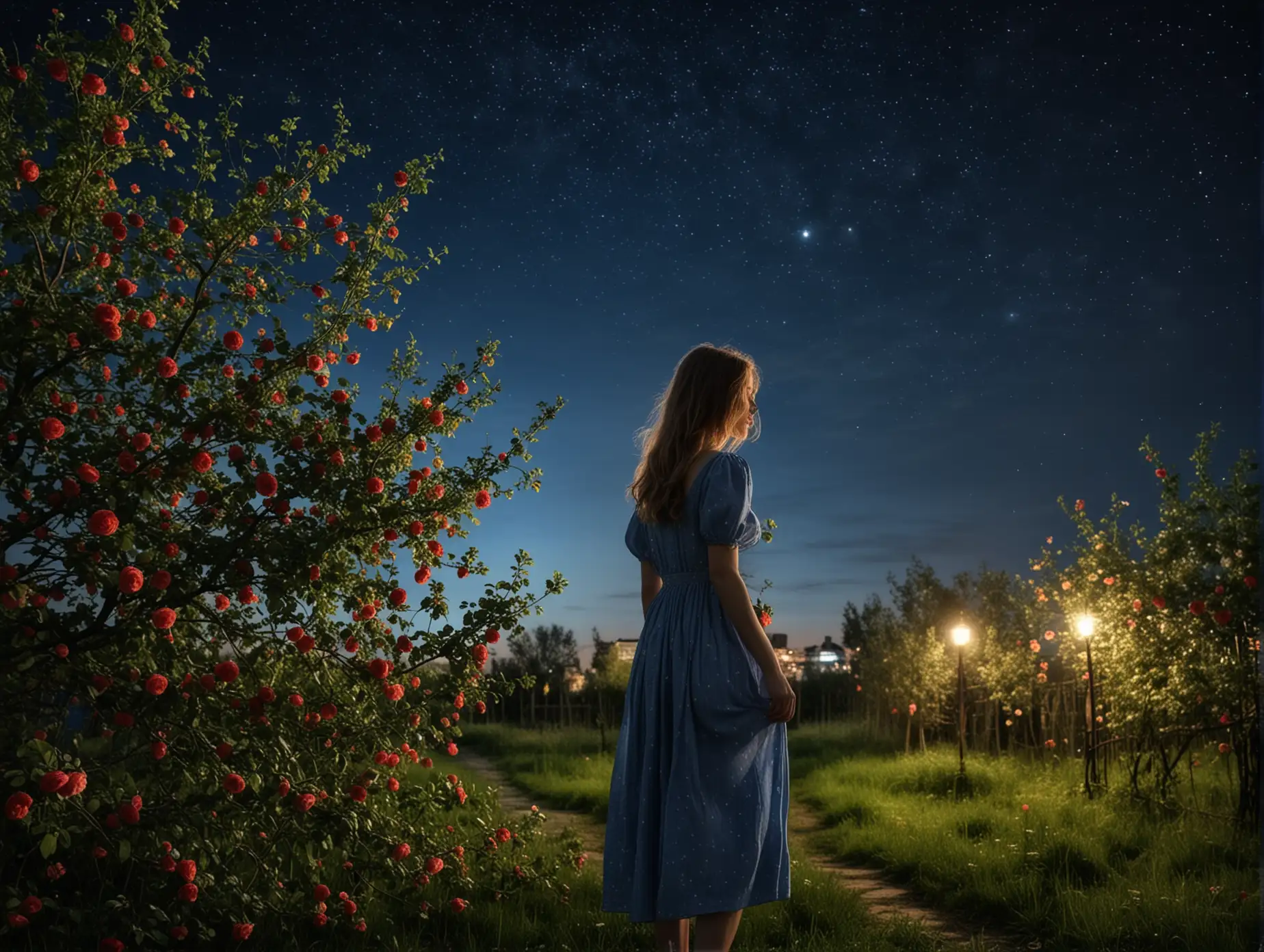 Beautiful-Mature-Girl-Contemplating-Stars-in-Evening-Apple-Tree-Garden