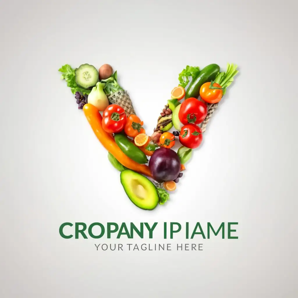a logo design,with the text "V", main symbol:Letter V created from vegetables and fruits,Moderate,be used in food industry,clear background