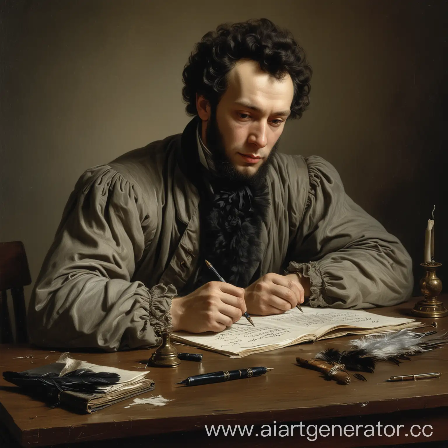 Александр Сергеевич Пушкин за письменным столом пишет пером и чернилами