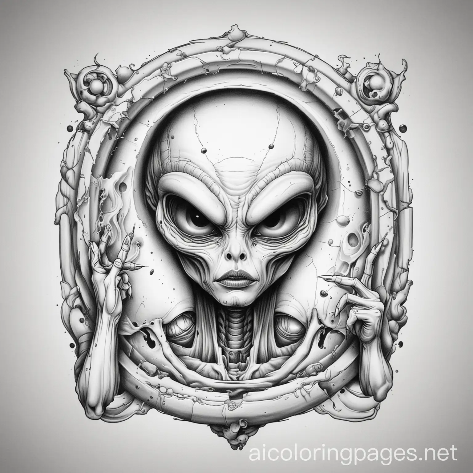Alien face smoking a joint with an open portal behind them while throwing up the peace sign, tattoo, graffiti, black and white, coloring book, Coloring Page, black and white, line art, white background, Simplicity, Ample White Space. The background of the coloring page is plain white to make it easy for young children to color within the lines. The outlines of all the subjects are easy to distinguish, making it simple for kids to color without too much difficulty