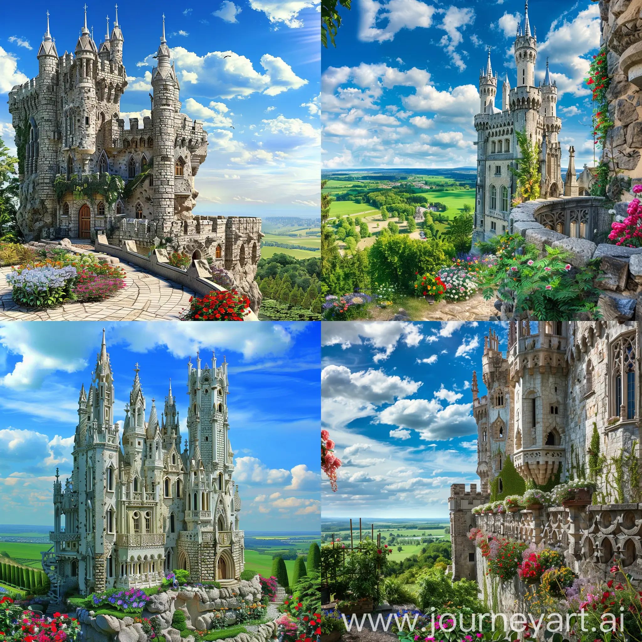The castle is realistic in Gothic style, with a blue sky background, next to a garden with flowers and a green landscape