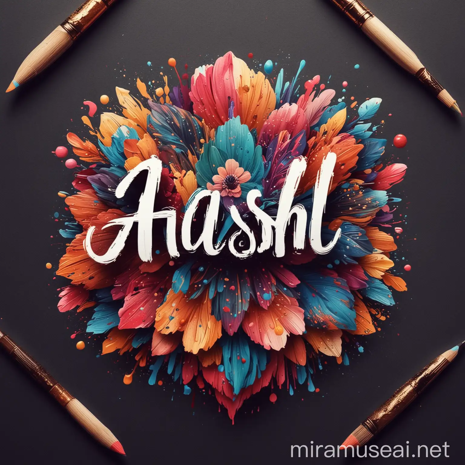 Create a logo for an Instagram artist named Aashi. The design should reflect creativity and artistic flair, suitable for an Instagram profile picture. Incorporate elements that signify art such as paintbrushes, palettes, or abstract artistic patterns. Use vibrant colors that stand out and convey a sense of creativity and originality. The name "Aashi" should be prominently featured in an elegant and stylish font that complements the artistic theme. The overall design should be modern, eye-catching, and professional, fitting perfectly within the Instagram profile picture dimensions.