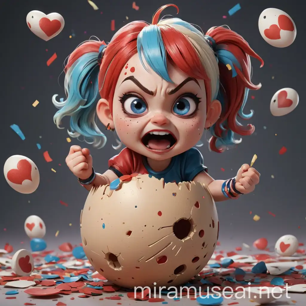baby angry harley quinn hatching from an egg. use carricature chibi style. Make her features stand out by giving her large eyes, a grin, and wild pigtails. dont forget to use red and blue color that is harley quinn's characteristic. The cracked egg features spiderwebs, small fissures, and a textured, speckled appearance. Simple background choices include speech bubbles with an unexpected Harley quote, hearts and playing card symbols, and confetti. You might also add a gigantic mallet, little hands and feet sticking out. gun in hand. high contrast, high color effect, 8K, detail, focus