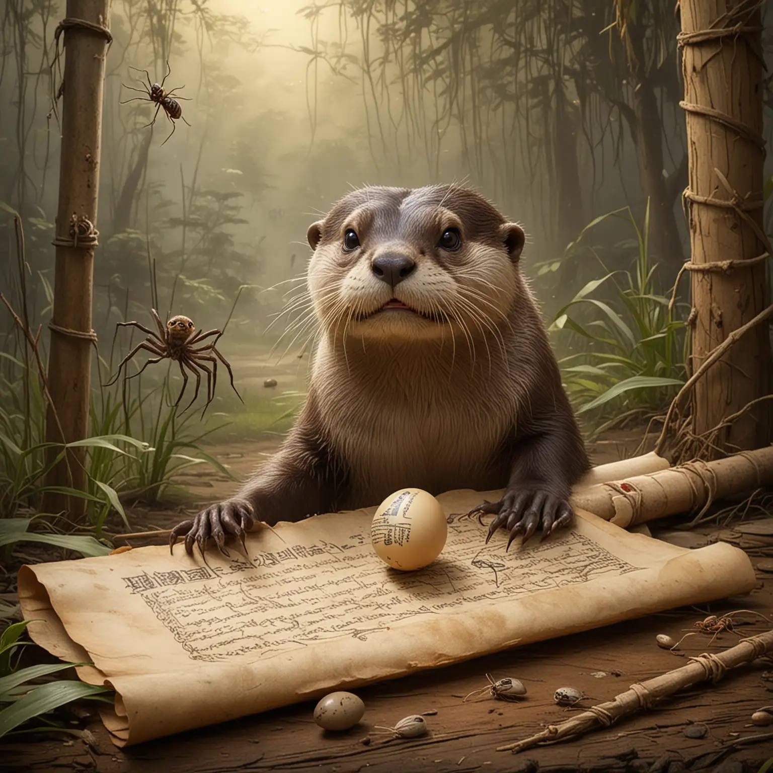 A wise, elder, aged small clawed asian otter brings great warnings on an old scroll of a spider farm in the background that includes a large daddy long legs, and egg sac, and small spiders scurrying about