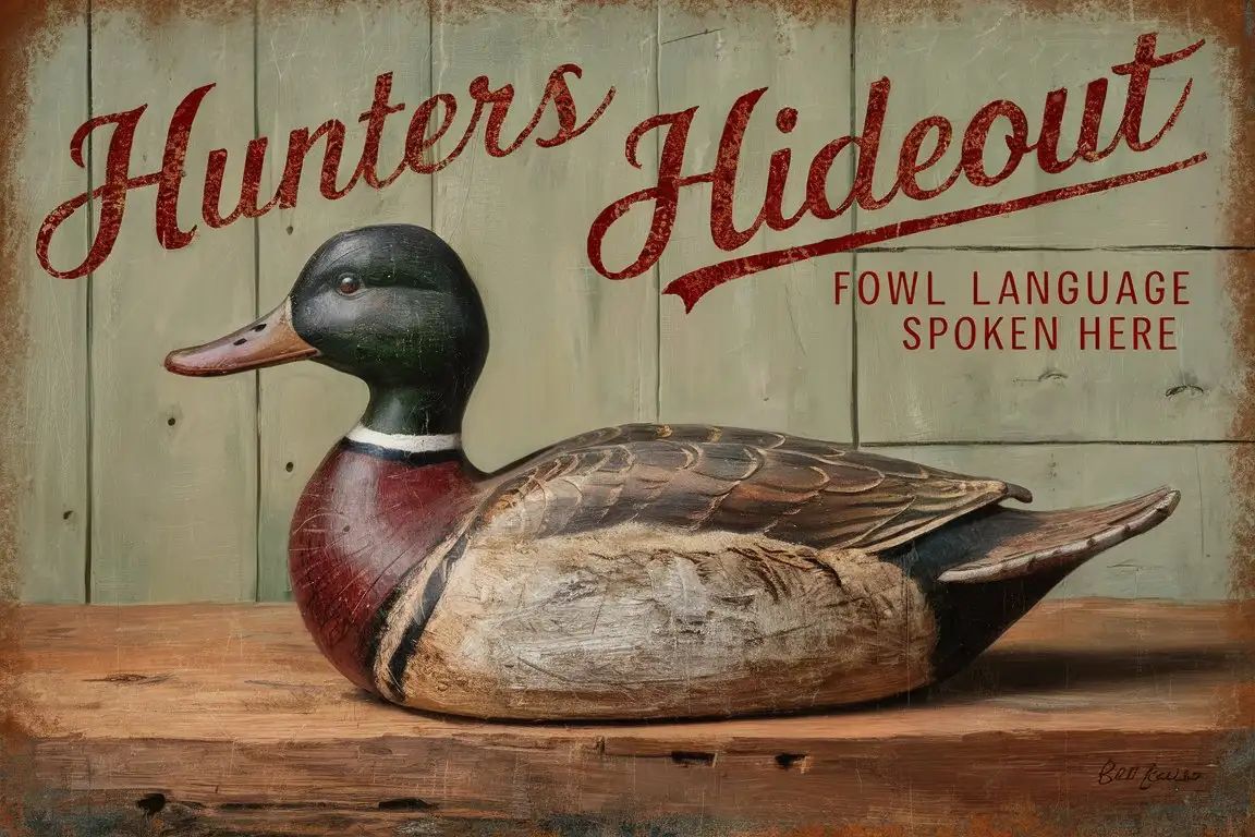 a vintage painting of a 19th Century Antique duck decoy, old wooden panels background, text "Hunters Hideout" "Fowl Language Spoken Here"