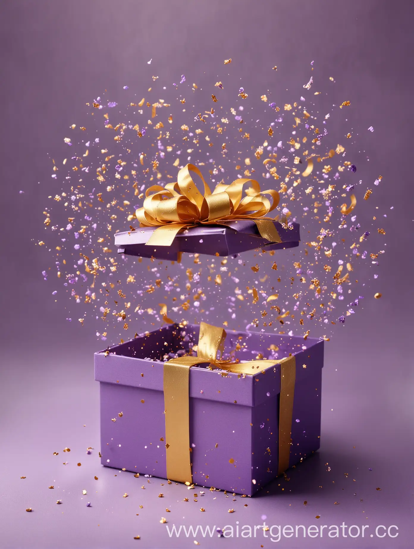 Elegant-Lavender-Scene-with-Opened-Purple-Gift-Box-and-Golden-Sparkles