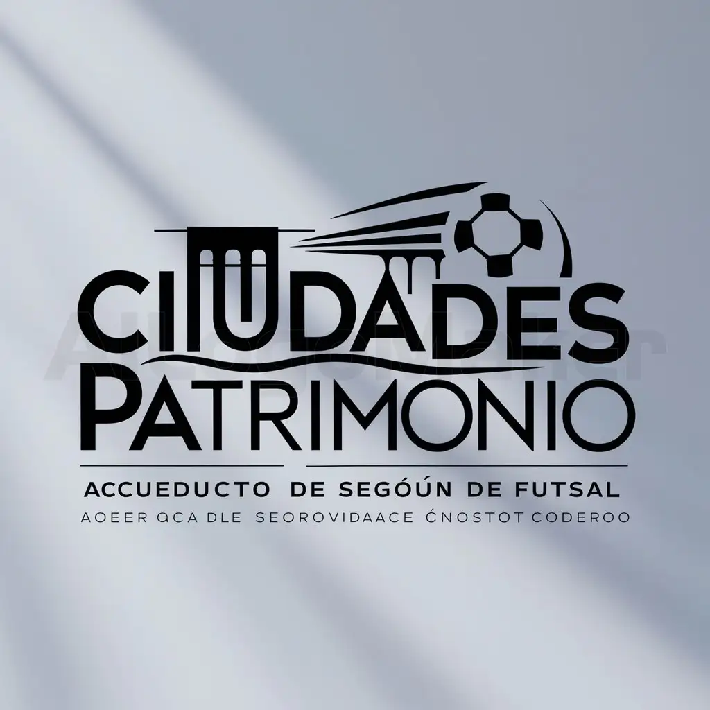a logo design,with the text "CIUDADES PATRIMONIO", main symbol:ACUEDUCT OF SEGOVIA AND BOLON OF FUTSAL,complex,be used in DEPORTE Y CULTURE industry,clear background