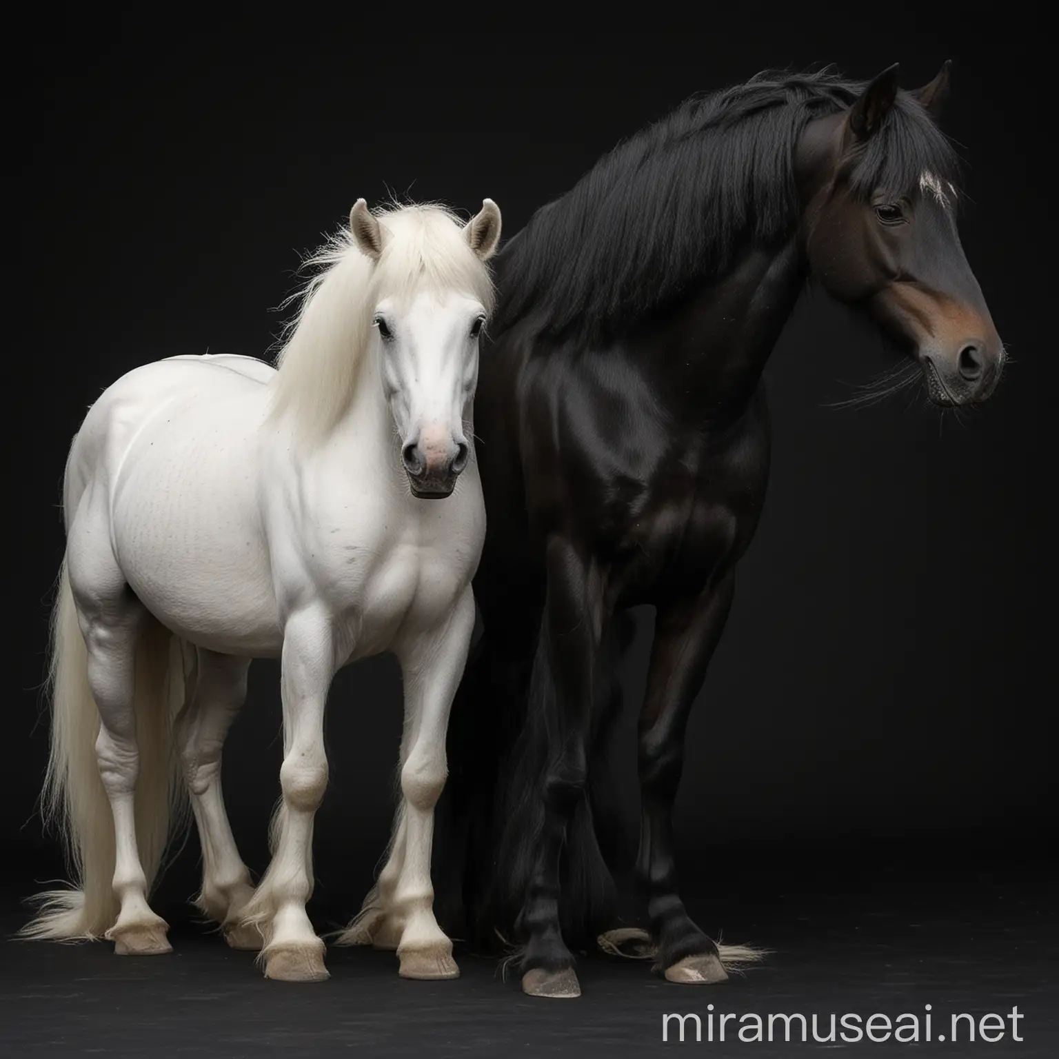 Two Black Horses with White Hair in Dramatic Black Background