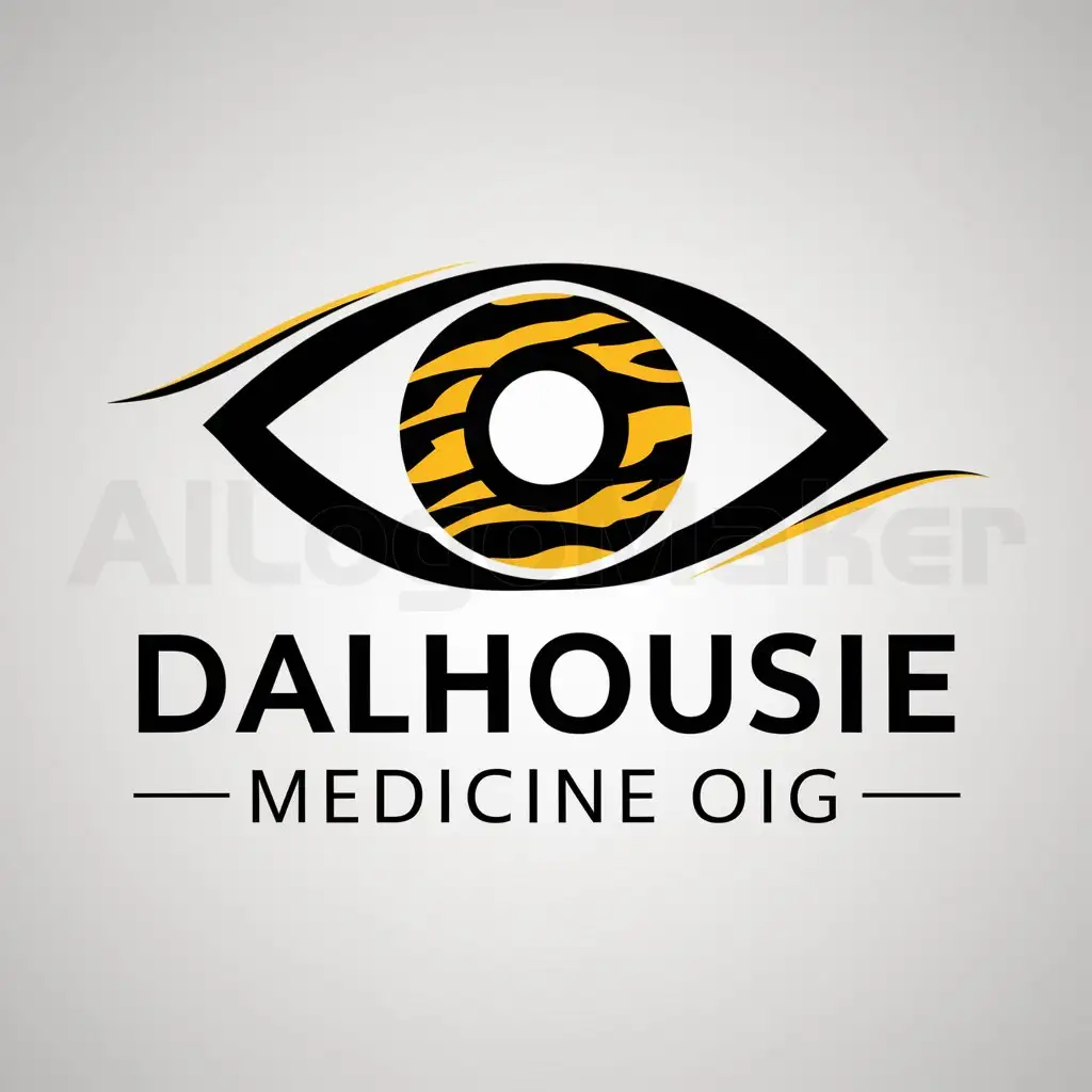 a logo design,with the text "Dalhousie Medicine OIG", main symbol:Can you make me a logo for my ophthalmology student interest group. I would like to have the colors of black and yellow to represent our university colours. I would like to have an eye with the iris as tiger stripes in black and yellow,Moderate,be used in Medical Dental industry,clear background